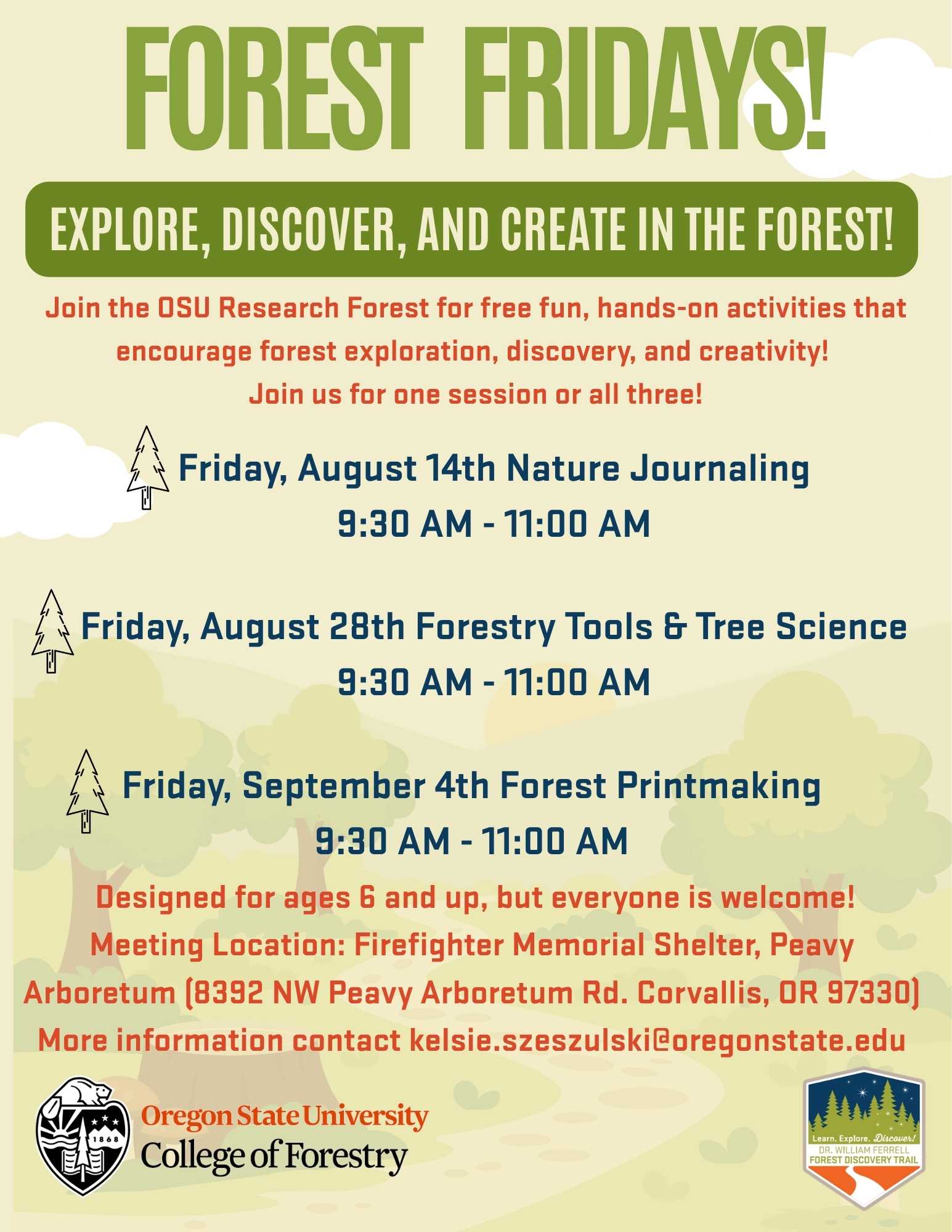 Join the OSU Research Forest for free fun, hands-on activities that encourage forest exploration, discovery, and creativity! Join us for one session or all three. 